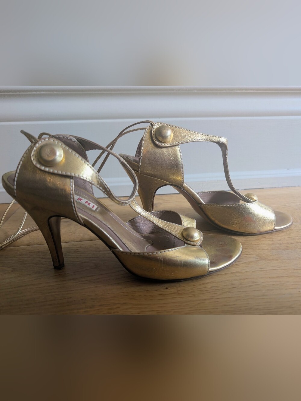 Vintage Marni Gold T Strap Sandal Heels With Ankle Ties - Size 38 - 7, 7.5, 8